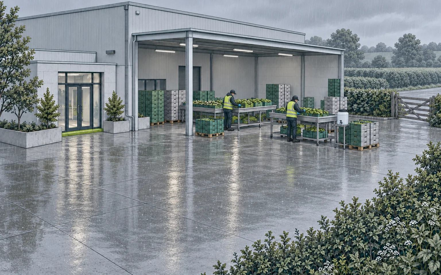 The recorded view in light rain: people working at the sorting tables under the open-sided roof, with a water container beside the crate stack.