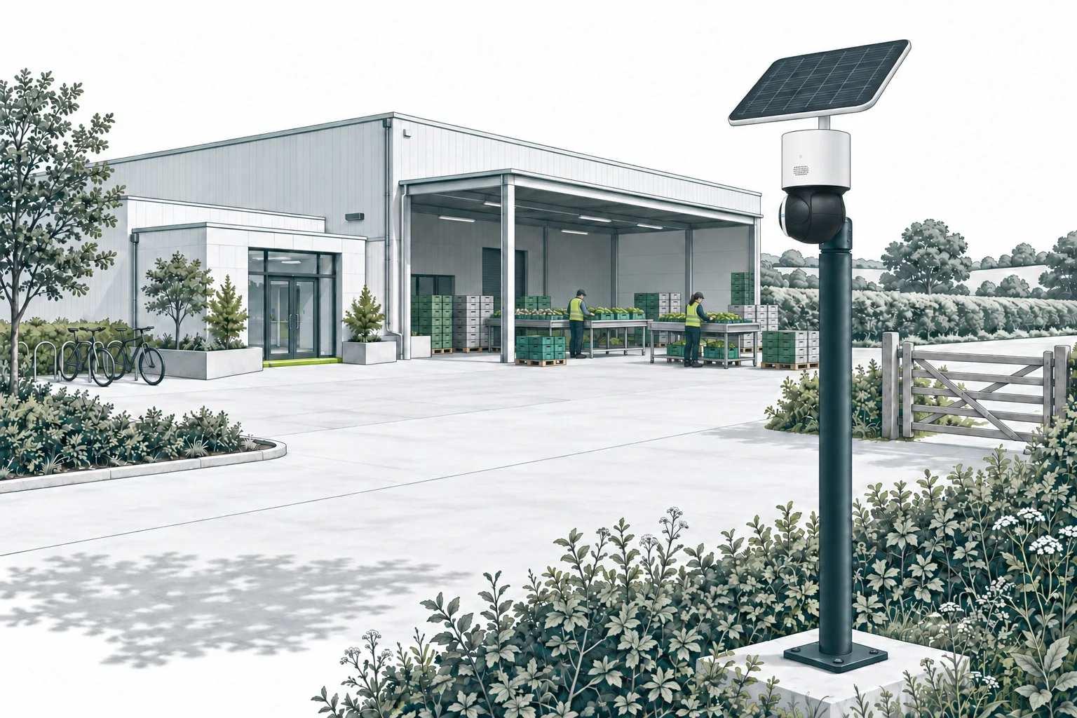 A self-contained solar camera unit on a pole, pointed at an open-sided packhouse where two people sort produce at outdoor tables beside stacked crates.