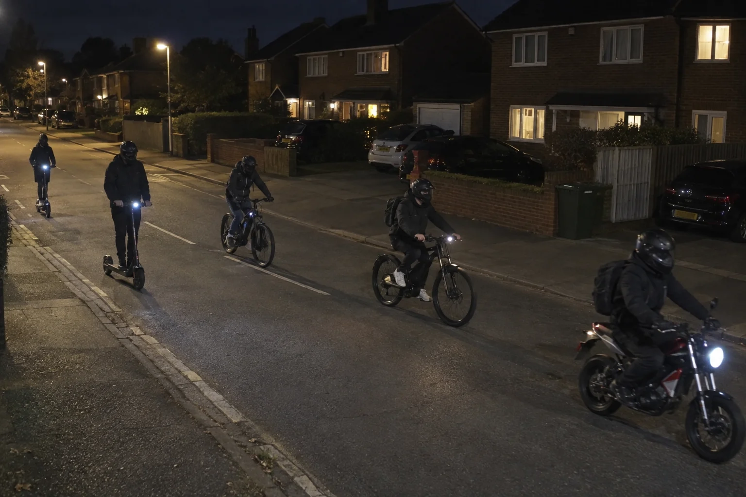 Roadside camera view of two scooters, two electric bikes and one motorcycle passing through a residential neighbourhood at night. Riders wearing black.