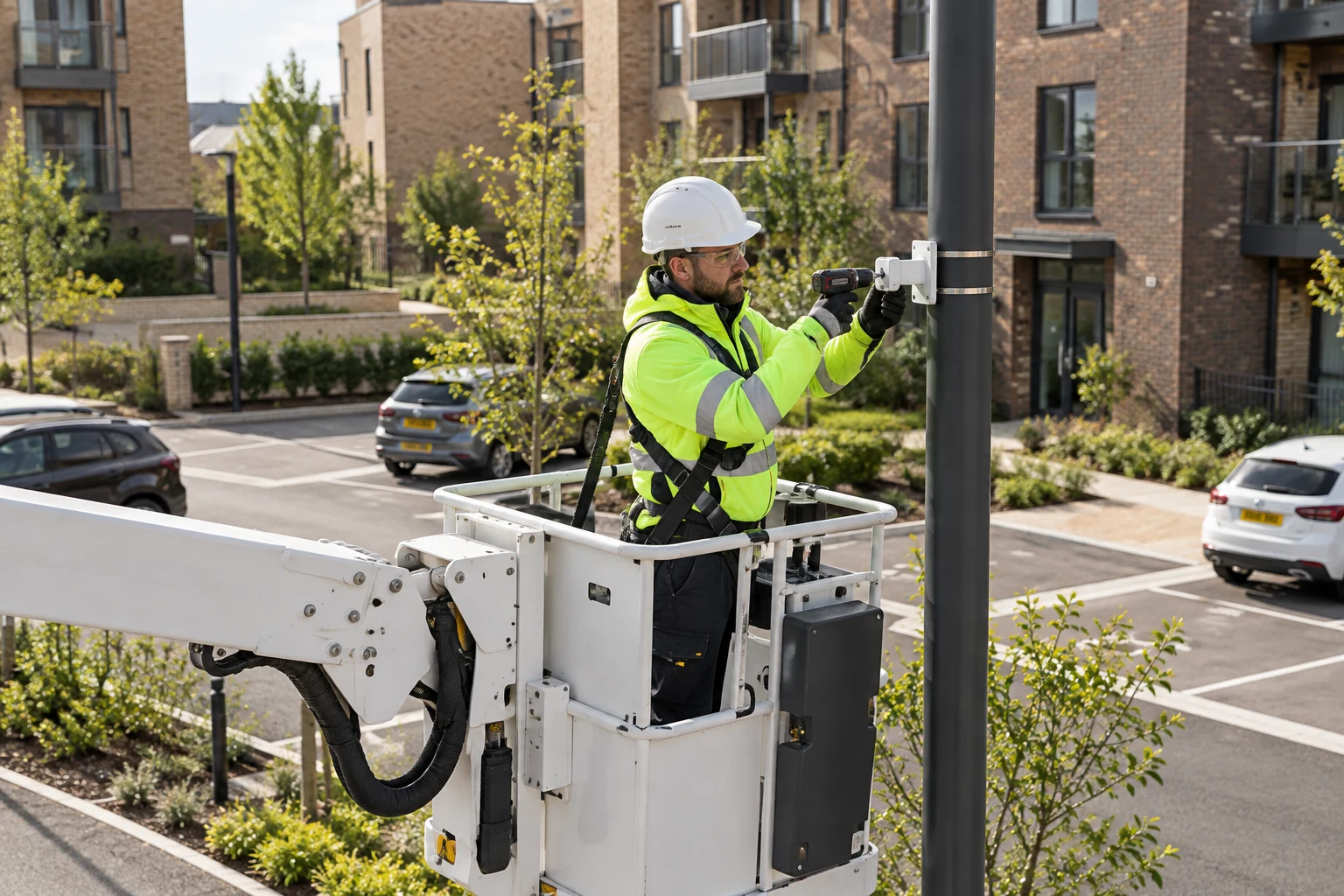 A technician safely installing a camera mount from an access platform at a UK apartment development