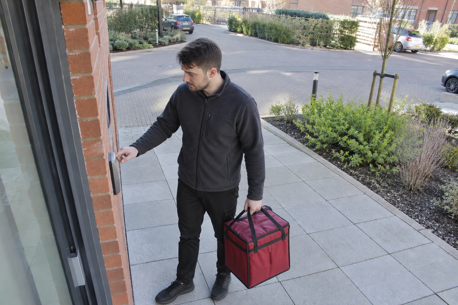 A visitor with a food delivery bag looking toward the entrance intercom as he presses it