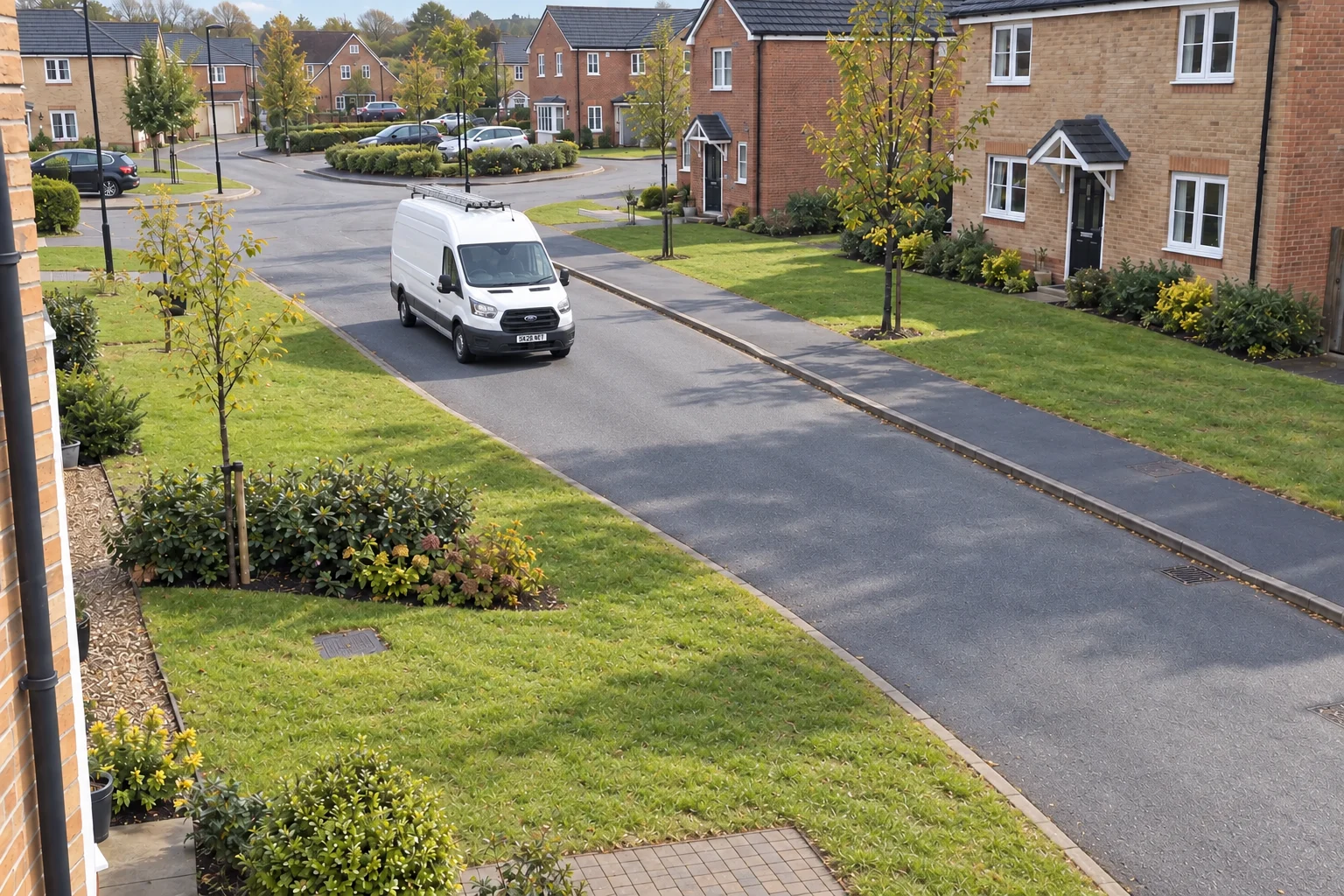 A distant, elevated camera view of a white contractor van with a silver ladder on its roof arriving along a residential estate road on a sunny morning.