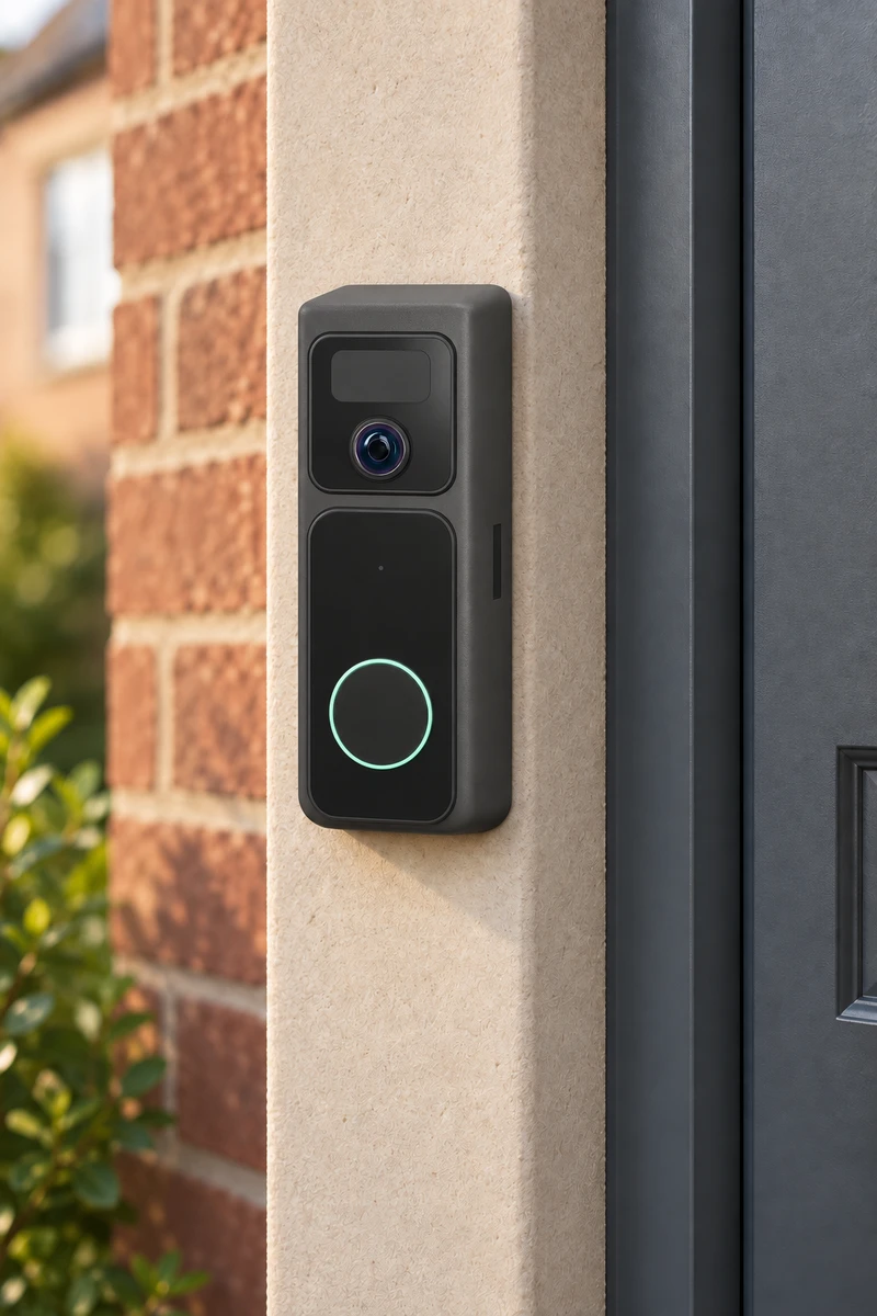 A doorbell camera installed beside a British residential entrance.