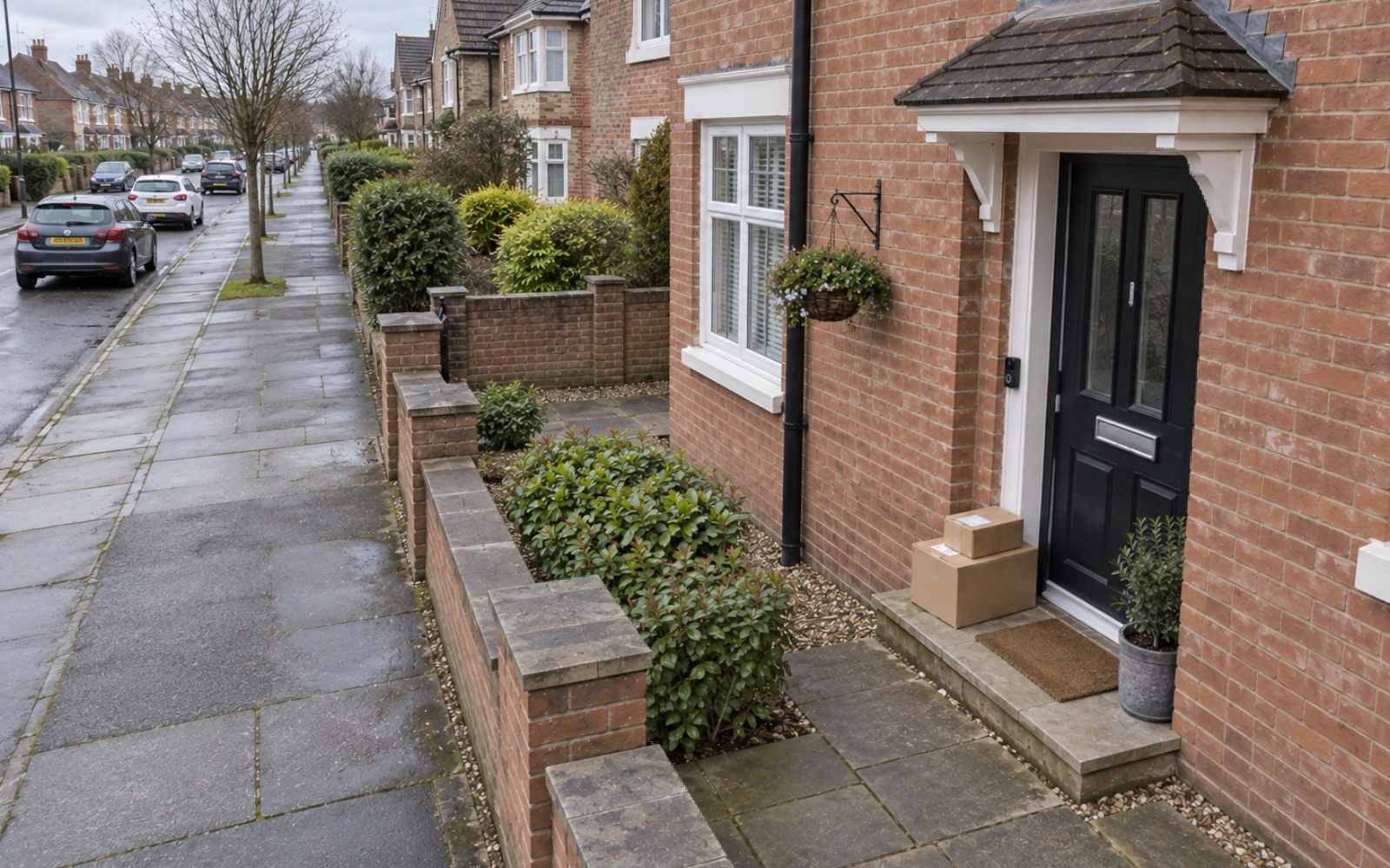 Wide camera view of a shared entrance and parcel delivery area.