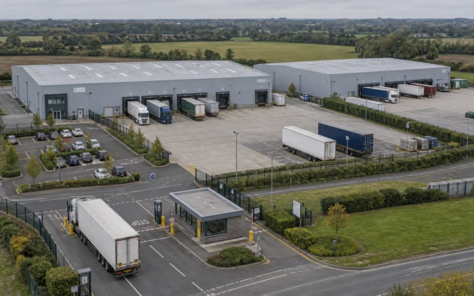 Delivery vehicles, loading bays and access roads at a distribution centre.