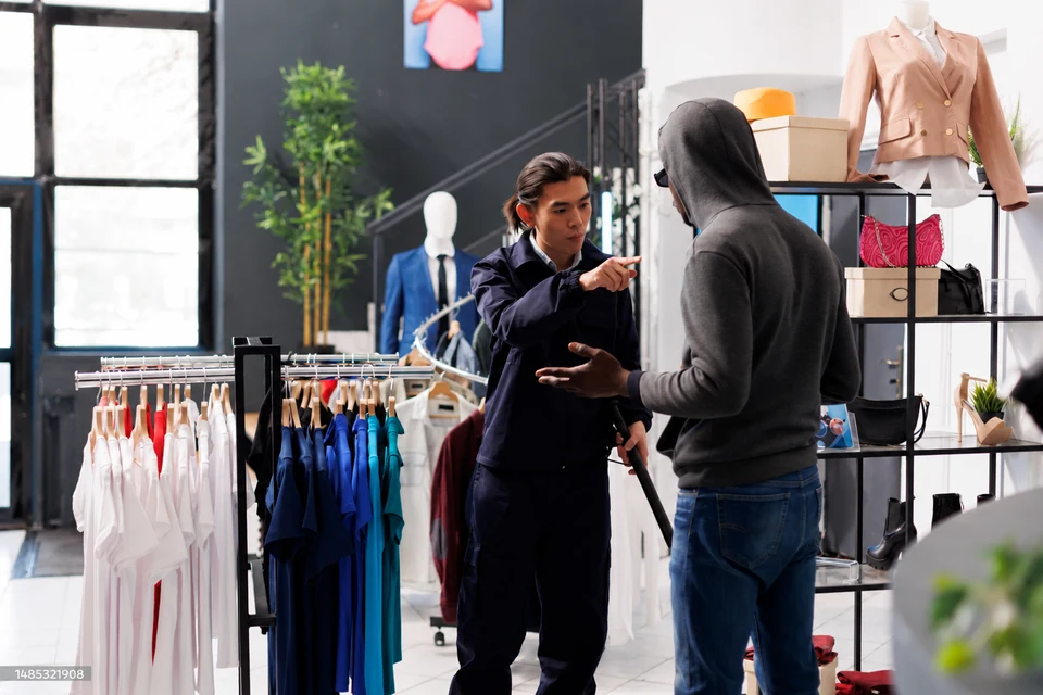 A member of shop staff speaking to a person in a grey hoodie.