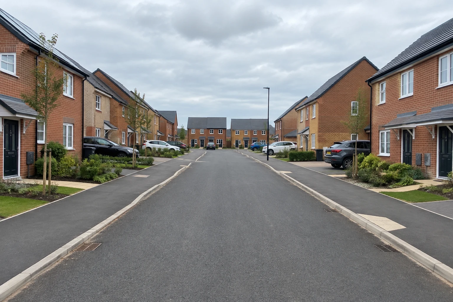 A residential street lined with brick-built homes, driveways and parked cars.