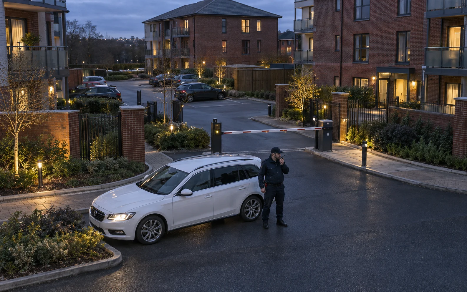Private security officer beside a patrol car at the entrance to a British residential development at dusk.